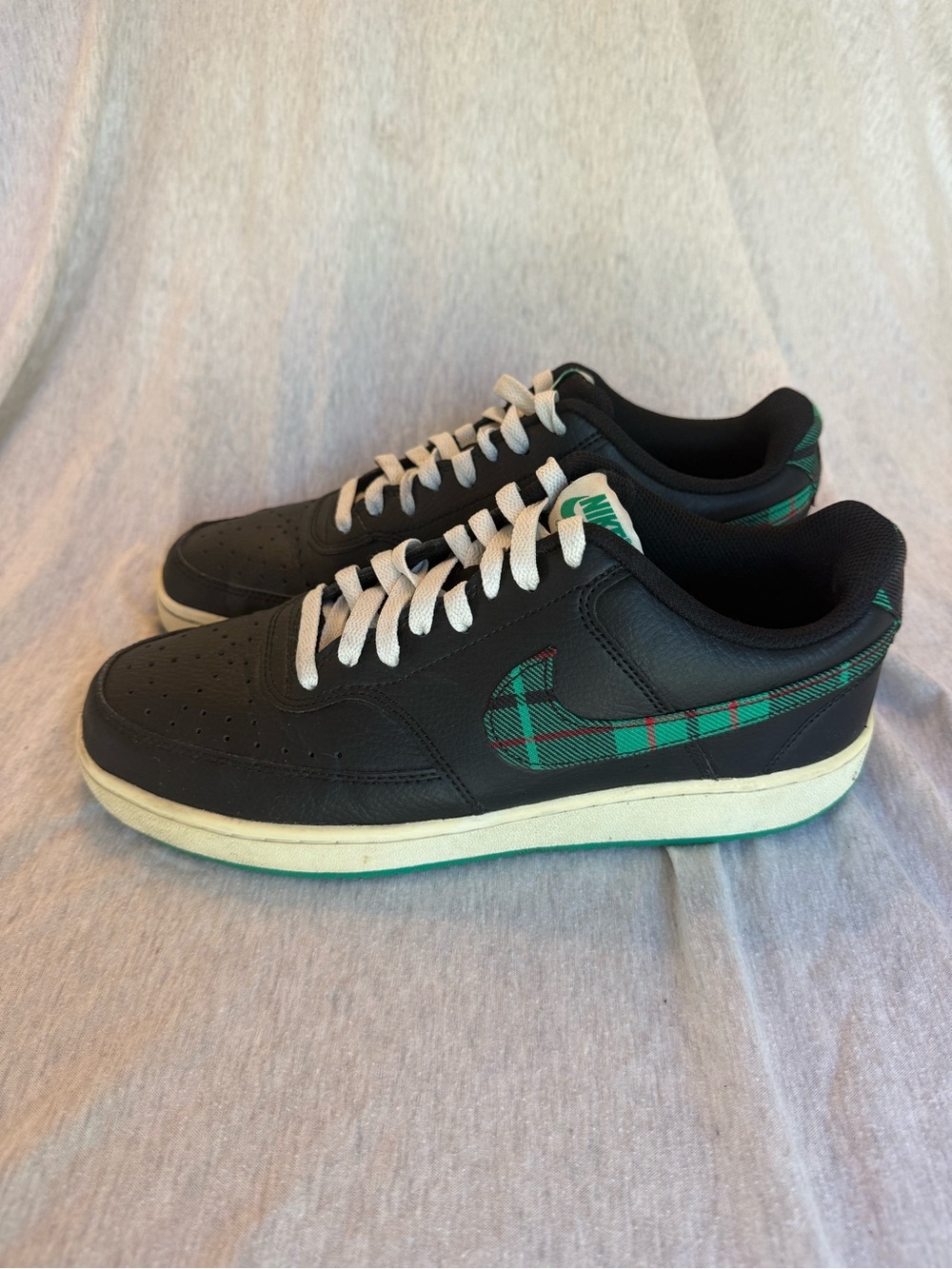 Nike Black Low-Top Sneakers with Green Plaid Swoosh